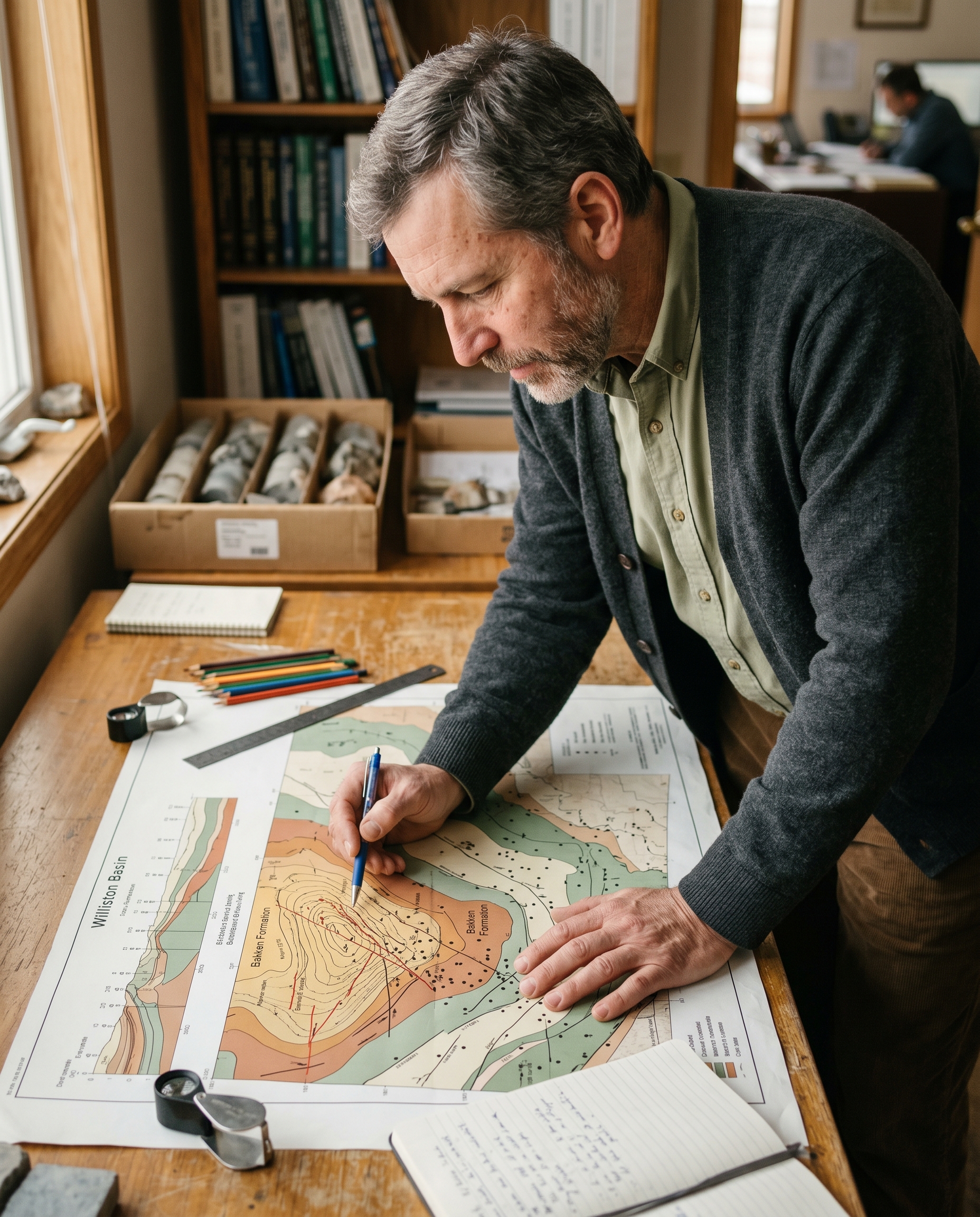 A geologist studying a subsurface geological map of an oil and gas basin